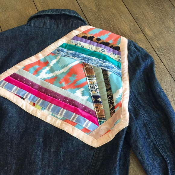 Upcycled lace patchwork boho jean jacket - Picture 7 of 15
